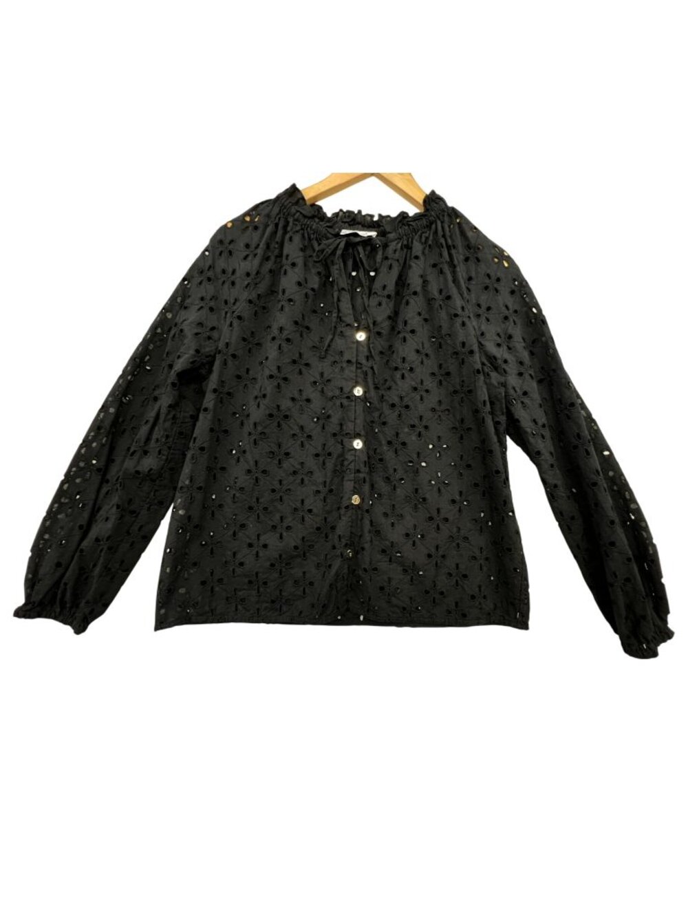 Nine West Womens Floral Eyelet Long Sleeve Button Front Blouse Medium Black Top